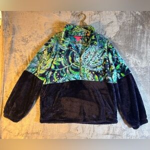 Lilly Pulitzer Keala Sherpa Fleece Large Blue Green Sweater Cozy Soft Pullover L
